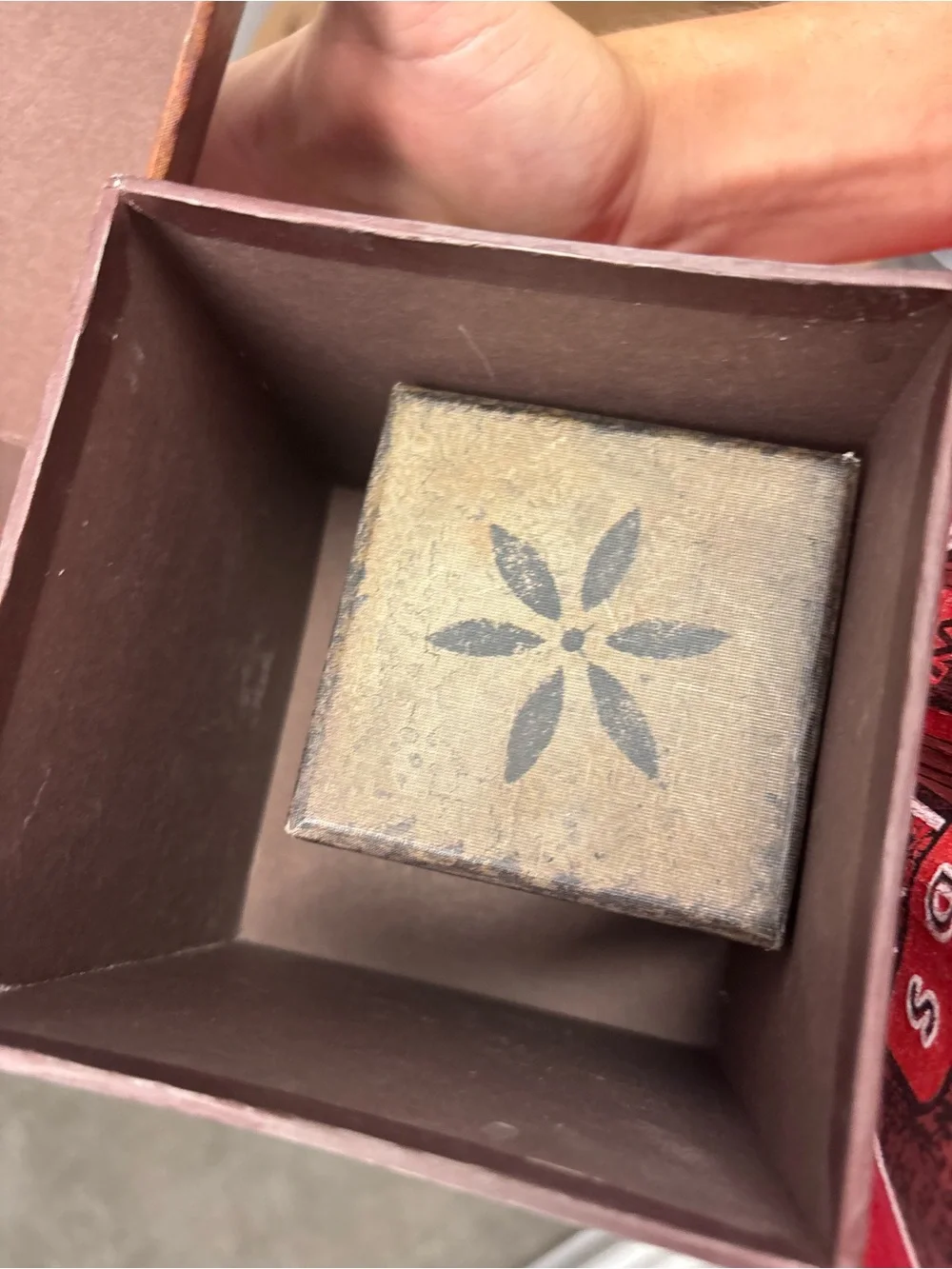 Bob's Boxes Primitive Small Square Brown Floral Wood Decorative Lidded Box